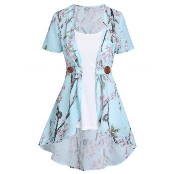 Women Vacation Chiffon Irregular Allover Peach Blossom Floral Print Blouse and Camisole Set Clothing White