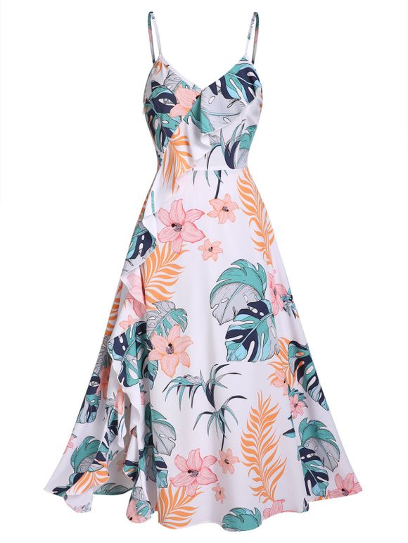 Leaf Flower Print Sundress Flounce Midi Cami Dress - WHITE XXXL