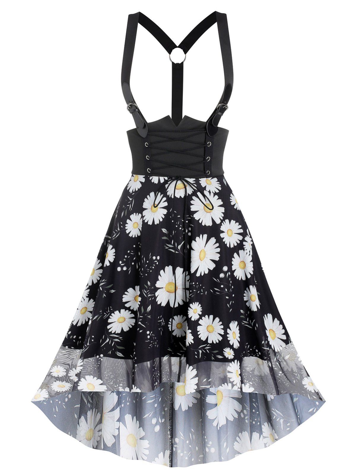 Lace Up Daisy Floral Mesh High Low Suspender Dress - BLACK M