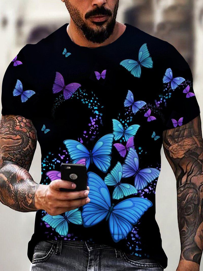 T-shirt à Imprimé Papillon Partout à Manches Courtes - multicolor 3XL