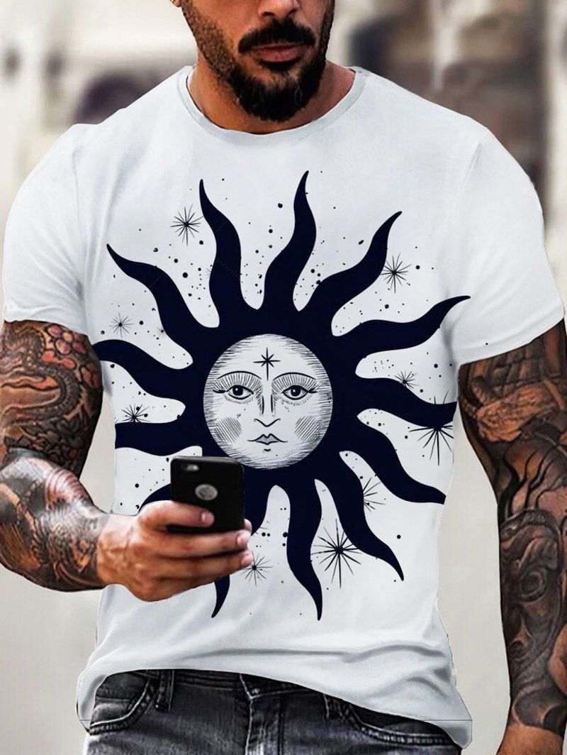 T-shirt Vintage à Imprimé Etoile Soleil à Manches Courtes - multicolor 3XL
