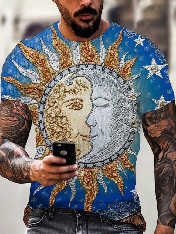 T-shirt Rétro Ombré à Imprimé Lune et Soleil - multicolor 3XL