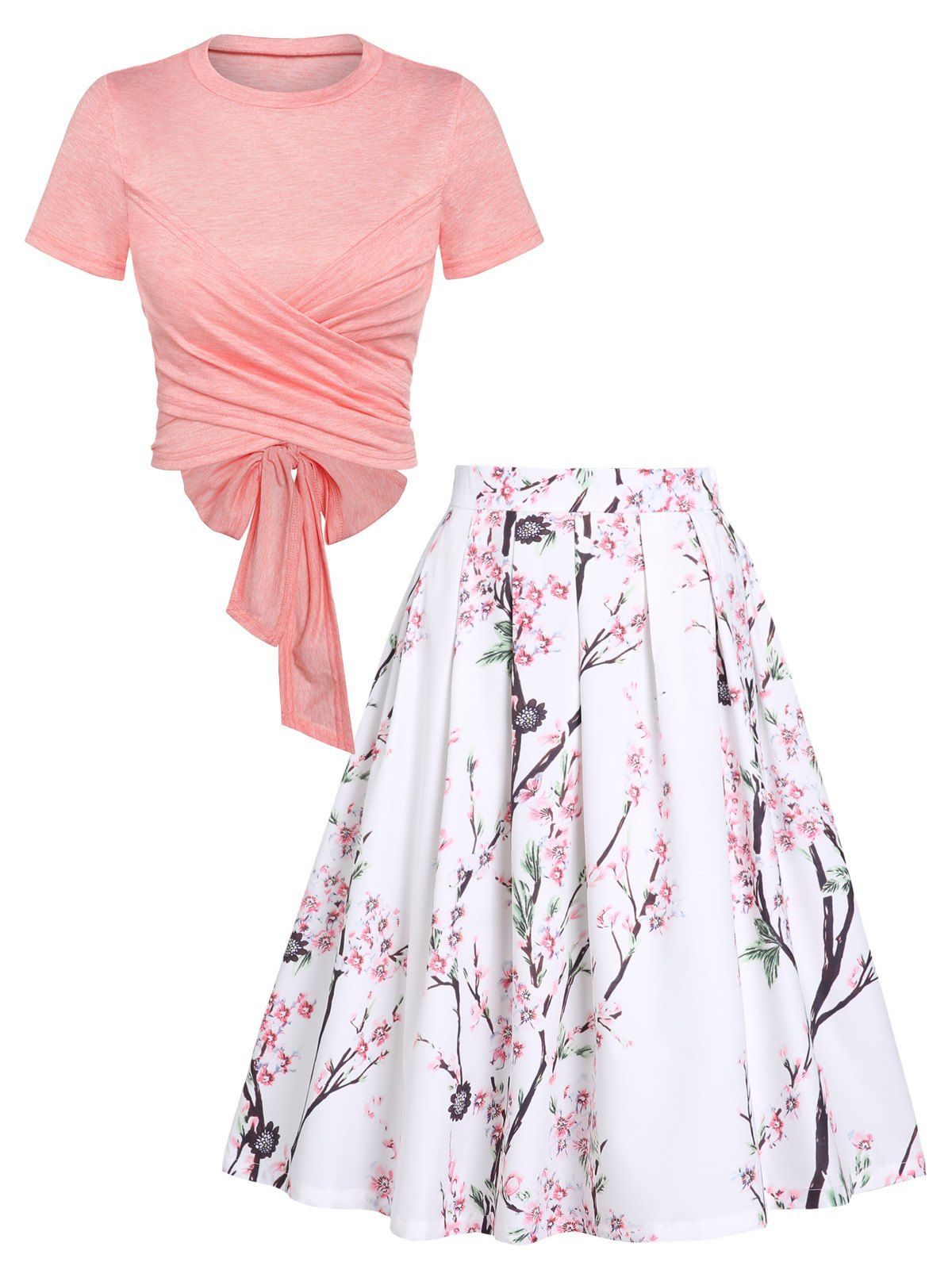 Dresslily Cross Wrap Bowknot Heathered Top and Butterfly Rose Flower Pleated Skirt Outfit