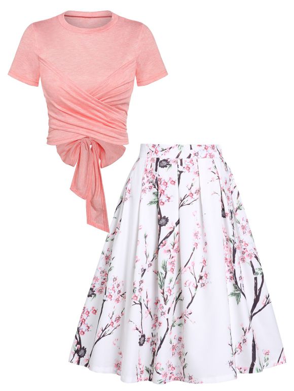 Cross Wrap Bowknot Heathered Top and Butterfly Rose Flower Pleated Skirt Outfit - WHITE XL