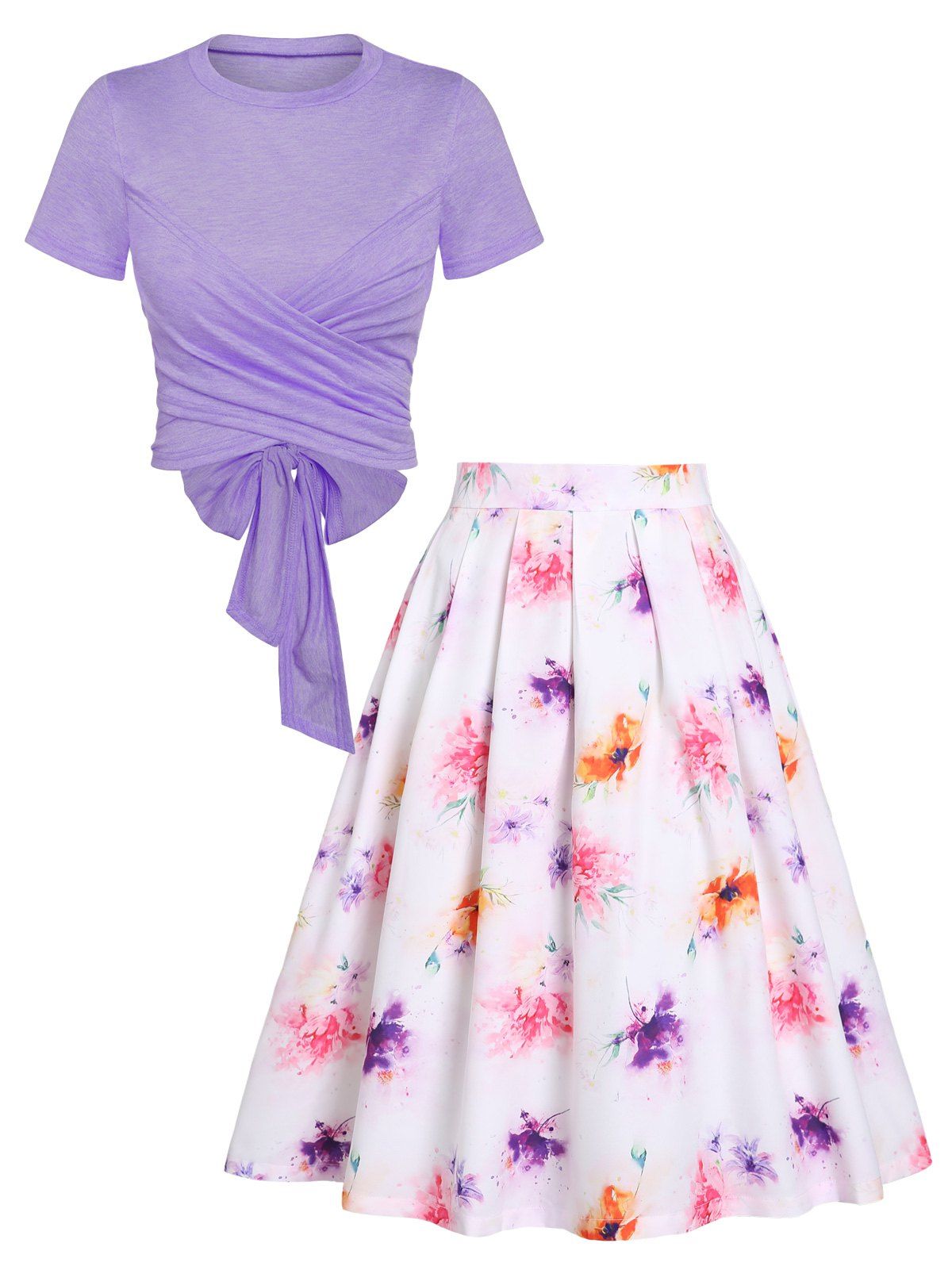 Cross Wrap Bowknot Top and Butterfly Flower Pleated Skirt Outfit - LIGHT PURPLE XXL
