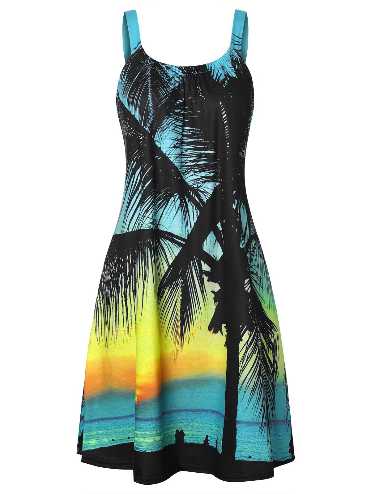 Robe à Bretelle Hawaïen à Imprimé Palmier et Coucher de Soleil de Vacance sans Manches - multicolor XL
