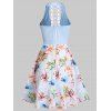 Flower Print Vacation Dress Front Crossover Plunge Mini Dress Lace Up Cutout A Line Combo Dress - LIGHT BLUE XXXL