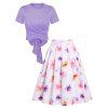 Cross Wrap Bowknot Heathered Top and Butterfly Rose Flower Pleated Skirt Outfit - LIGHT BLUE M