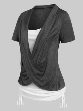 Heathered Cinched Cross Short Sleeves Contrast Colorblock Faux Twinset Tee