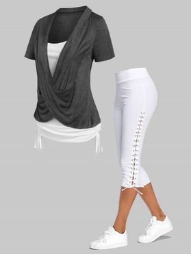 Cinched Cross Contrast Faux Twinset Tee And Lace-up Capri Pants