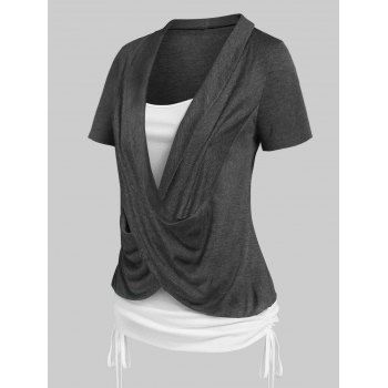 Heathered Cinched Cross Short Sleeves Contrast Colorblock Faux Twinset Tee dresslily imagine noua 2022