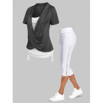 Cinched Cross Contrast Faux Twinset Tee And Lace-up Capri Pants