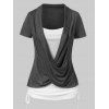 Heathered Cinched Cross Short Sleeves Contrast Colorblock Faux Twinset Tee - DARK GRAY S