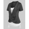 Heathered Cinched Cross Short Sleeves Contrast Colorblock Faux Twinset Tee