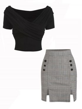 Plaid Mock Button Slit Bodycon Skirt Set