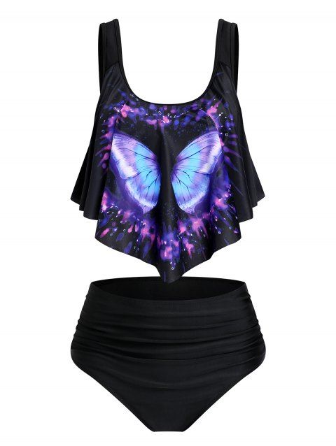 Gothic Swimsuit Heart Butterfly Print Pointed Hem Ruched Tankini Swimwear