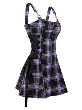 Vintage Plaid Print Mini Dress Lace Up Dress O Ring Half Zipper Strap Sleeveless Dress