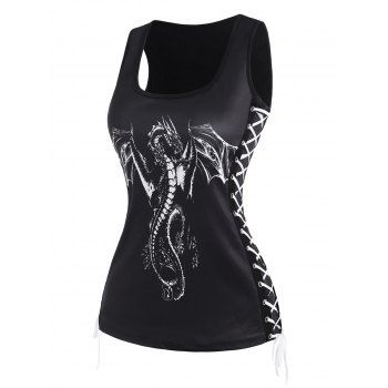 Dinosaur Dragon Print Lace Up Tank Top, Black