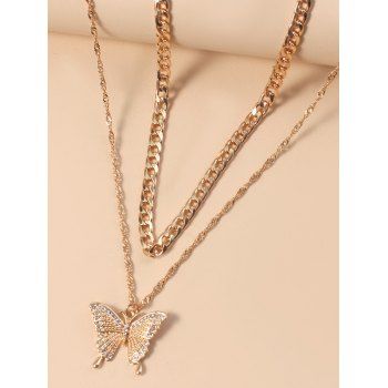 

2 Pcs Pendant Chain Butterfly Rhinestone Alloy Retro Necklace Set, Golden