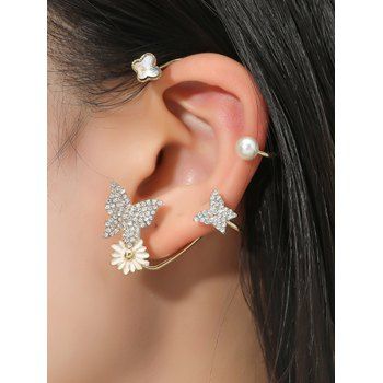

Vacation Rhinestone Butterfly Faux Pearl Daisy Clip Earrings, Golden
