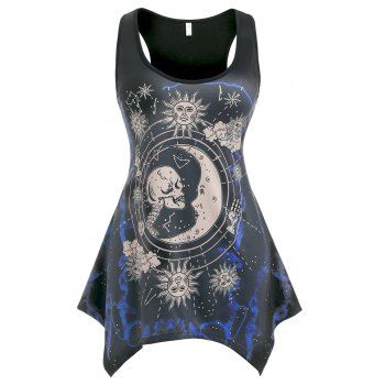 

Plus Size Tank Top Vintage Tank Top Celestial Sun Moon Skull Print Asymmetric Top, Black