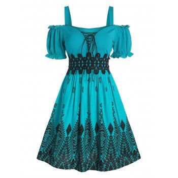 

Cold Shoulder Lace Up Frilled Applique Insert Print Dress, Green