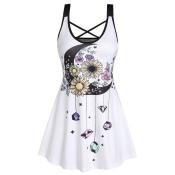 

Crisscross Gem Moon Floral Print Skirted Tank Top, White