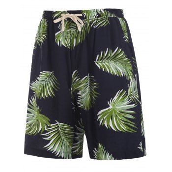 

Drawstring Leaves Print Pockets Shorts, Multicolor a