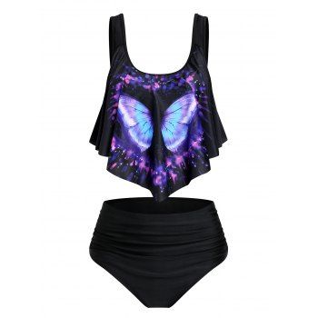

Gothic Swimsuit Heart Butterfly Print Pointed Hem Ruched Tankini Swimwear, Black