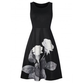 

Floral Print Mini Dress Sleeveless Casual High Waist A Line Tank Dress, Black