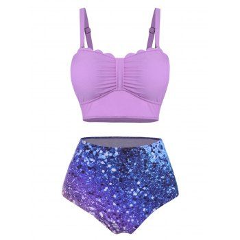 

Plus Size Scalloped Printed Tummy Control Bikini Swimwear, Purple