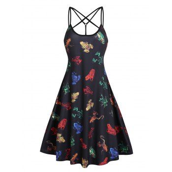 

Allover 3D Frog Print A Line Dress Criss Cross Adjustable Shoulder Straps Cami Dress, Black