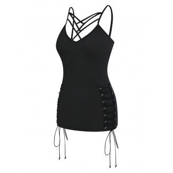 

Gothic Cross Lattice Grommet Lace Up Cami Top, Black