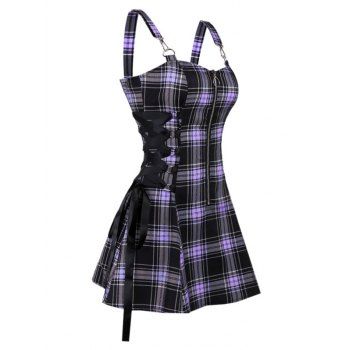 

Vintage Plaid Print Mini Dress Lace Up Dress O Ring Half Zipper Strap Sleeveless Dress, Purple