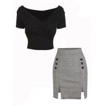 dresslily Plaid Mock Button Slit Bodycon Skirt Set