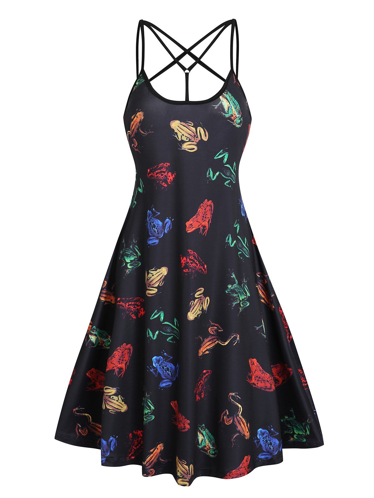 Allover 3D Frog Print Criss Cross Cami A Line Dress - BLACK XXL
