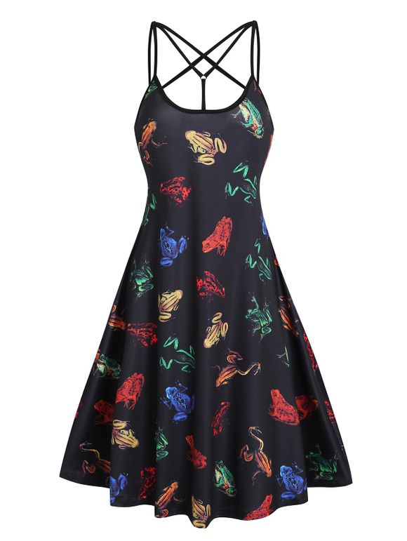 Allover 3D Frog Print A Line Dress Criss Cross Adjustable Shoulder Straps Cami Dress - BLACK M
