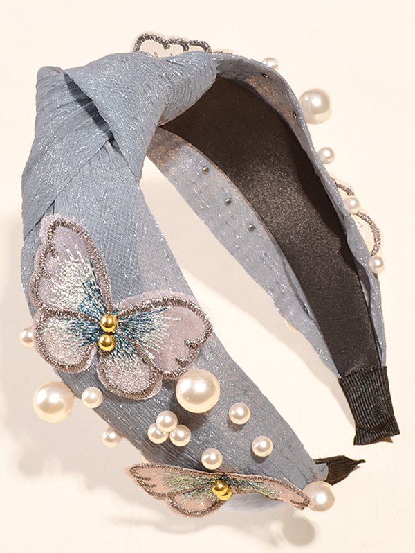 Bandeau de Cheveux Large Vintage Papillon en Perle Artificielle - Bleu clair 