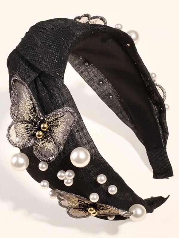 Bandeau de Cheveux Large Vintage Papillon en Perle Artificielle - Noir 