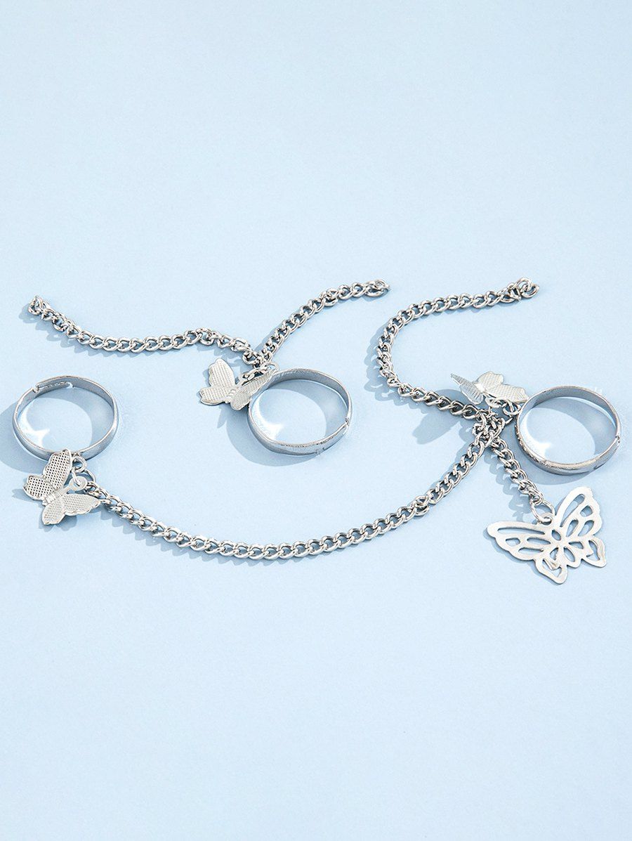 2 Pieces Butterfly Chain Charm Rings Set - SILVER 