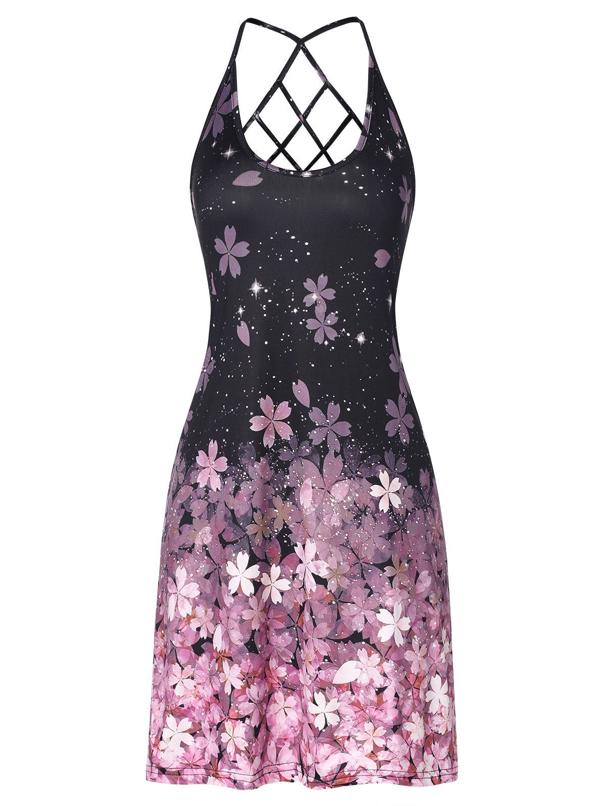 Floral Print Lattice Cutout Cami Dress - BLACK M