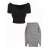 Plaid Mock Button Slit Bodycon Skirt Set - BLACK XL