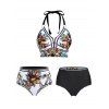 Bohemian Tankini Swimwear Flower Swimsuit O Ring High Rise Reversible Halter Summer Beach Bathing Suit