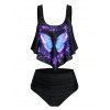 Maillot de Bain Tankini Gothique à Imprimé Cœur Papillon Ourlet Pointu à Volants - Noir XL