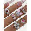 6 Pcs Romantic Rhinestone Heart Butterfly Floral Embellished Ring Set - SILVER 
