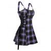 Vintage Plaid Print Mini Dress Lace Up Dress O Ring Half Zipper Strap Sleeveless Dress - PURPLE XXL