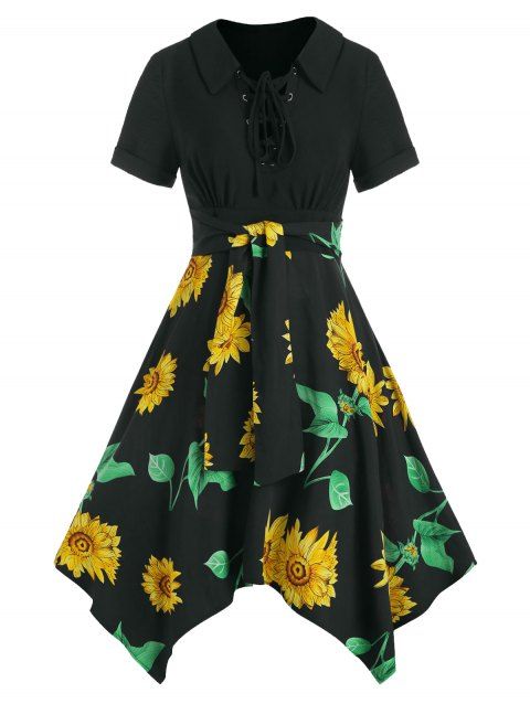 Sunflower Print Fit And Flare Dress Lace Up Bowknot Combo Dress Short Sleeve Asymmetric Handkerchief Dress