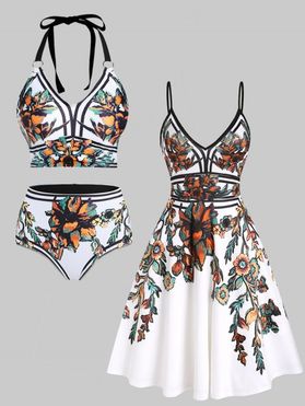 Vintage Flower Print Crop Tankini Swimsuit and Cami Dress Outfit