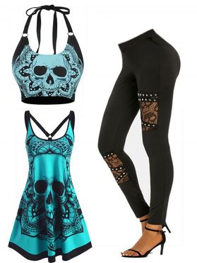 Gothic Skull Print Tank Dress and Halter Swim Top and Lace Panel Leggings Outfit