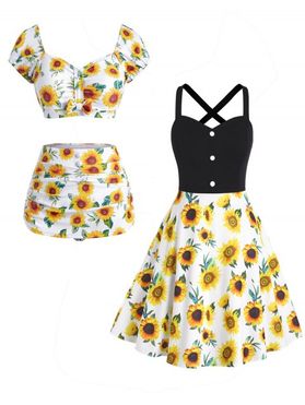 Sunflower Tummy Control Ruched Tankini Swimsuit and Cami Cross Sundress Outfit